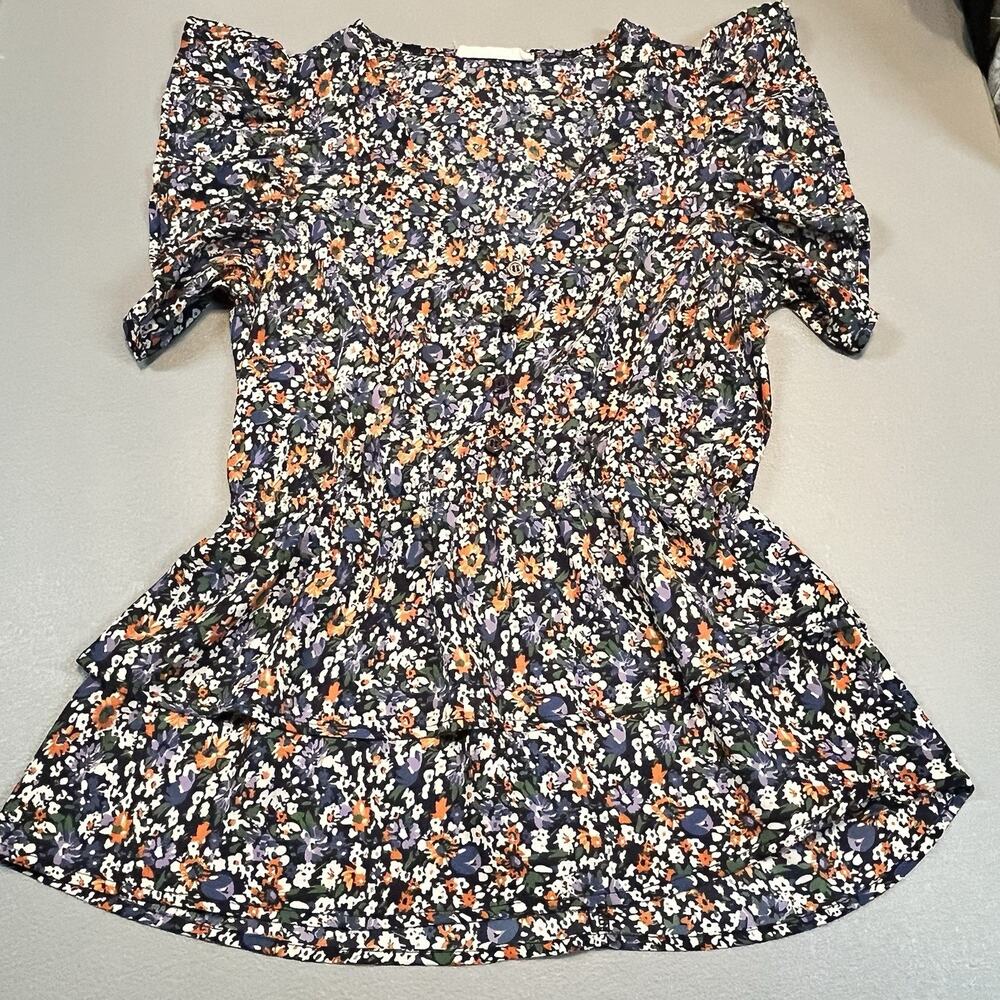 Peplum Floral Button Up Sz Small Boho Flutter Ruffle Sleeve Colorful Top Blouse